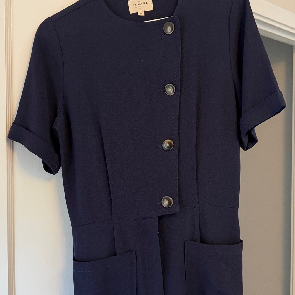 Sezane Navy Button-Down Jumpsuit 36